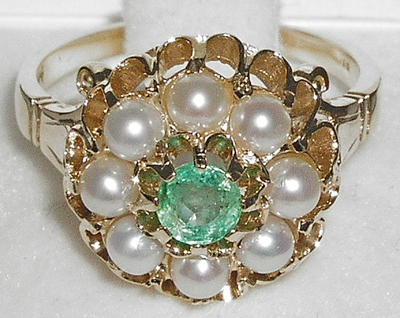 OLD ENGLISH 9K GOLD EMERALD & PEARL LARGE CLUSTER RING
