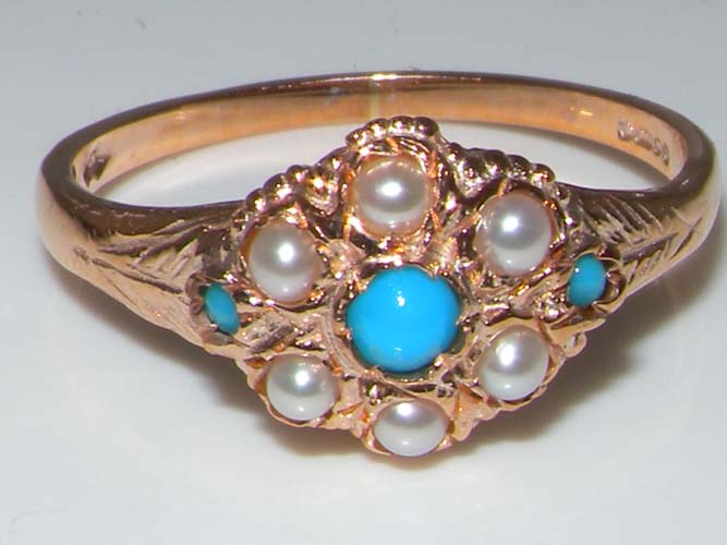 Luxury 9ct Rose Gold Ladies Turquoise Pearl Vintage Style Cluster Ring